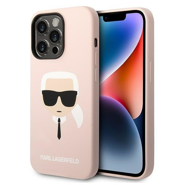 Кейс Karl Lagerfeld KLHMP14XSLKHLP за iPhone 14 Pro Max 6.7", твърд, светлорозов / светлорозов Silicone Karl`s Head, съвместим с MagSafe