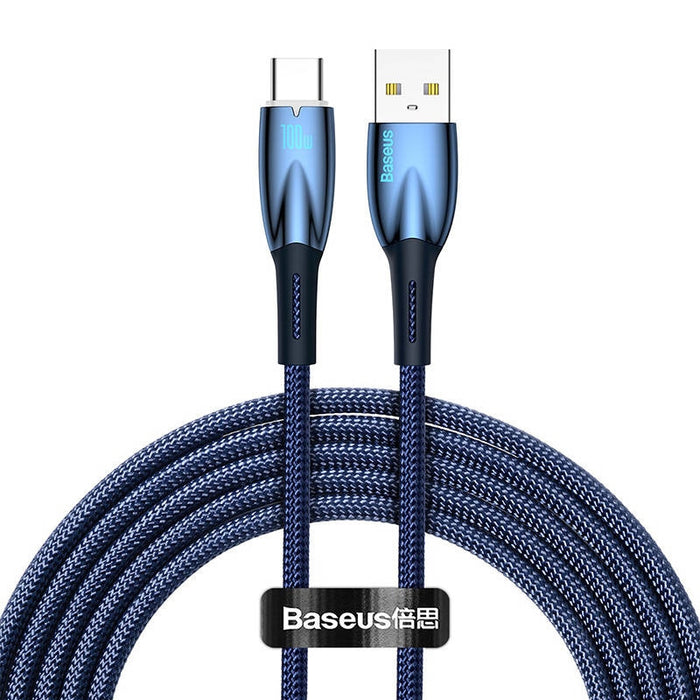 Кабел Baseus Glimmer Series, USB към USB-C, 100W, 2m, син