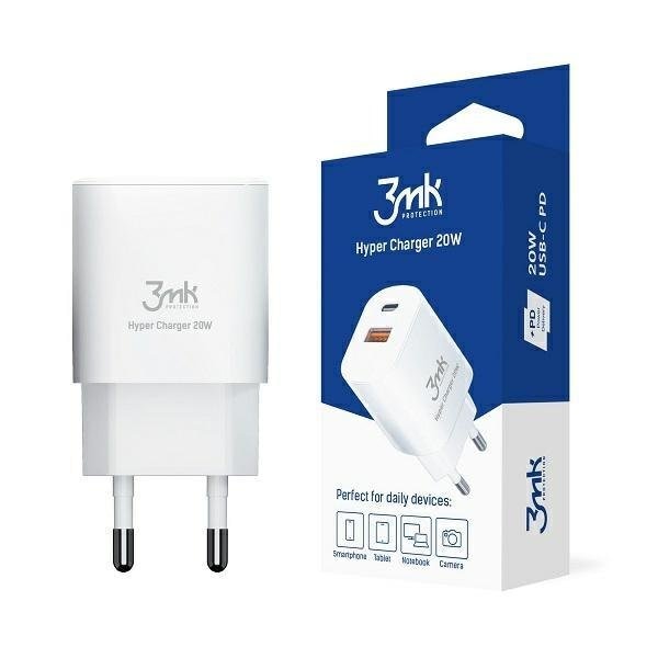 Мрежово зарядно 3MK HyperCharger, 20W, 1xUSB-C, 1xUSB-A, PD, QC