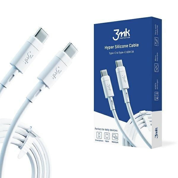 Силиконов кабел 3mk USB-C към USB-C, 1m, 60W, 3A, Бял