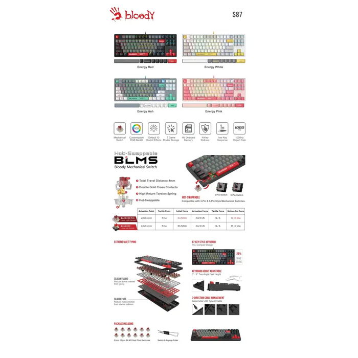 А4tech Геймърска механична клавиатура Bloody Energy Pink