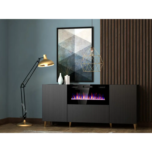 Скрин PAFOS с електрическа камина 180x42x82 см черен мат