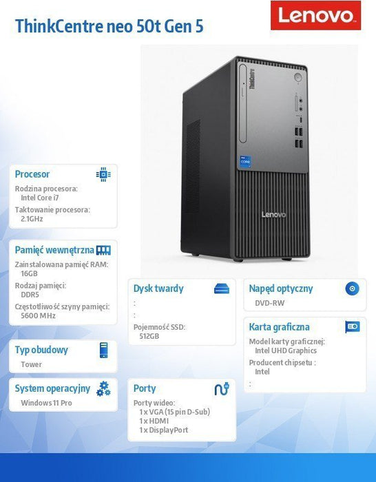 Lenovo ThinkCentre neo 50t Gen 5 Intel® Core™ i7 i7-14700 16 GB DDR5-SDRAM 512 GB SSD Windows 11 Pro Tower PC черен, сив