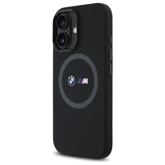 Силиконов калъф MagSafe за iPhone 16 BMW M с щампа - черен