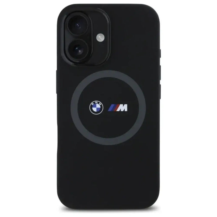 Силиконов калъф MagSafe за iPhone 16 BMW M с щампа - черен