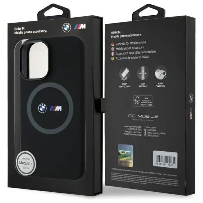 Силиконов калъф MagSafe за iPhone 16 BMW M с щампа - черен