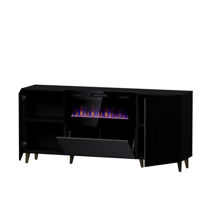 Скрин PAFOS с електрическа камина 180x42x82 см черен мат