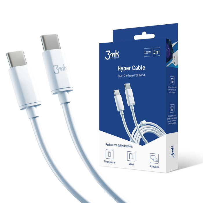 3mk Hyper Cable USB-C / USB-C 100W 2m - бял
