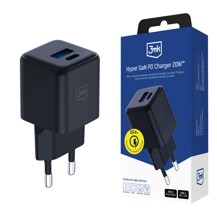 3mk Hyper GaN зарядно устройство 20W QC4+ PD PPS USB-C USB-A стенно зарядно устройство - черно
