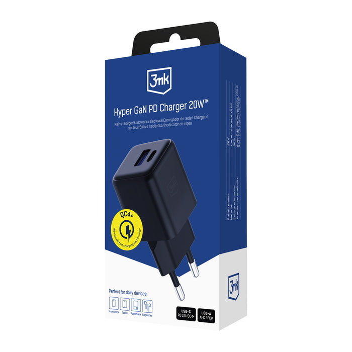 3mk Hyper GaN зарядно устройство 20W QC4+ PD PPS USB-C USB-A стенно зарядно устройство - черно