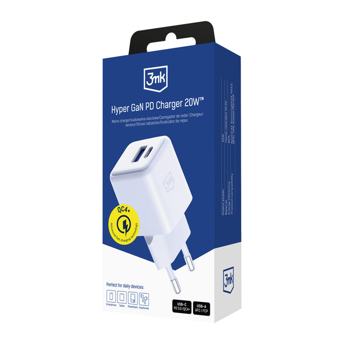 3mk Hyper GaN зарядно устройство 20W QC4+ PD PPS USB-C USB-A стенно зарядно устройство - бяло