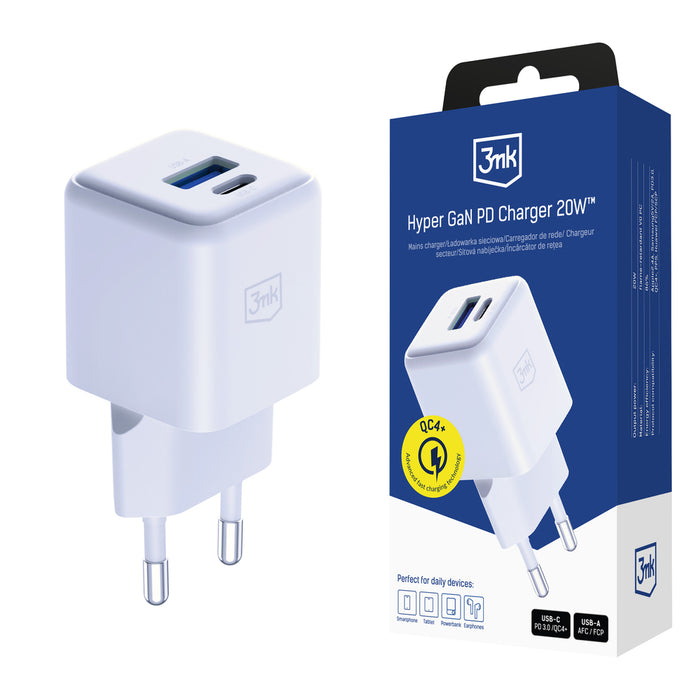 3mk Hyper GaN зарядно устройство 20W QC4+ PD PPS USB-C USB-A стенно зарядно устройство - бяло