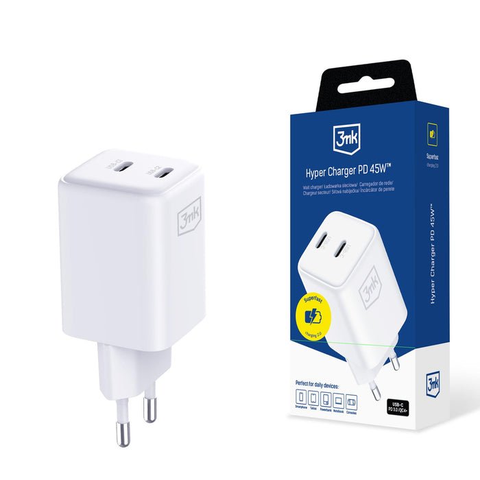 3mk Hyper Charger PD 45W QC4+ PPS 2C Super-Fast Charge 2.0 зарядно за стена - бяло