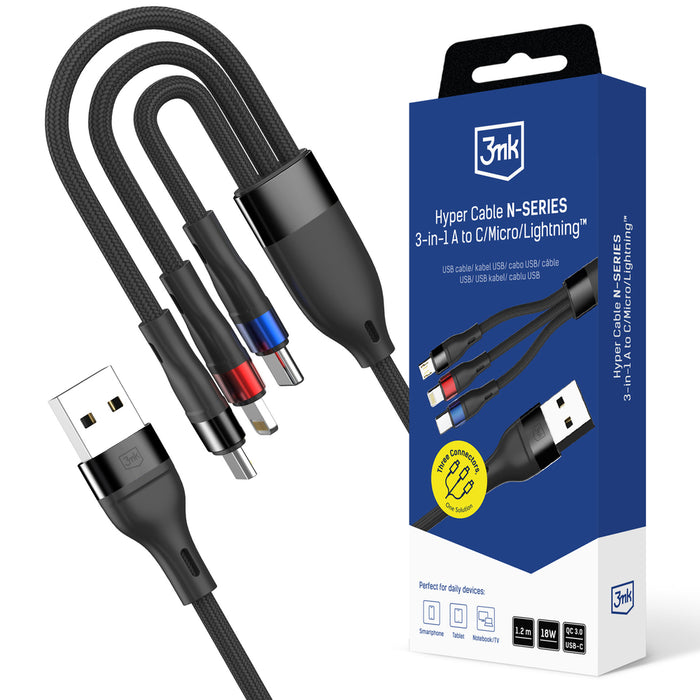 3mk Hyper Cable N-SERIES 3 в 1 USB-A / Lightning / Micro 1.2m 9V/2A 18W - черен