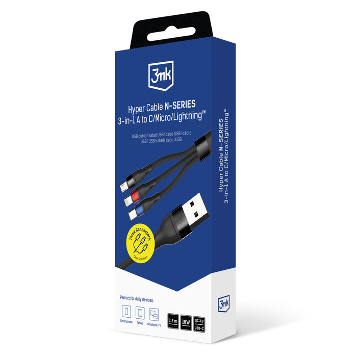 3mk Hyper Cable N-SERIES 3 в 1 USB-A / Lightning / Micro 1.2m 9V/2A 18W - черен