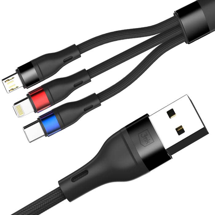 3mk Hyper Cable N-SERIES 3 в 1 USB-A / Lightning / Micro 1.2m 9V/2A 18W - черен