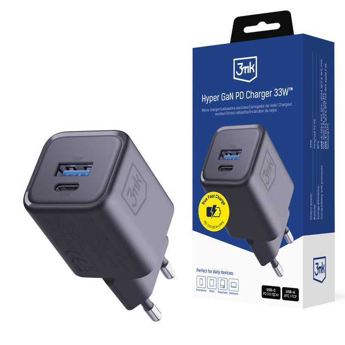 3mk Hyper Charger PD 33W GaN QC4+ PPS AFC FCP SCP 1A1C Зарядно за стена - Черно