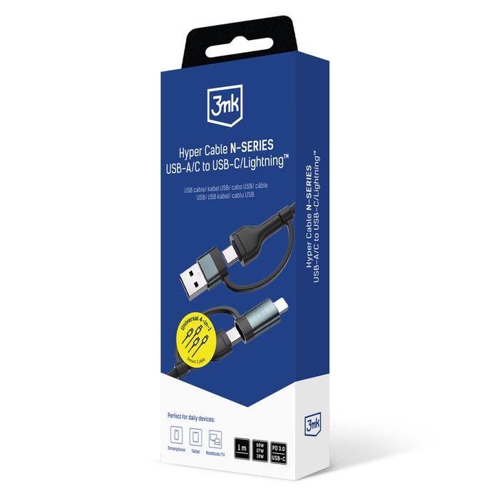 3mk Hyper Cable N-SERIES 2 в 2 USB-A / USB-C и USB-C / Lightning 1.2m QC 3.0 9V/2A 60W - черен
