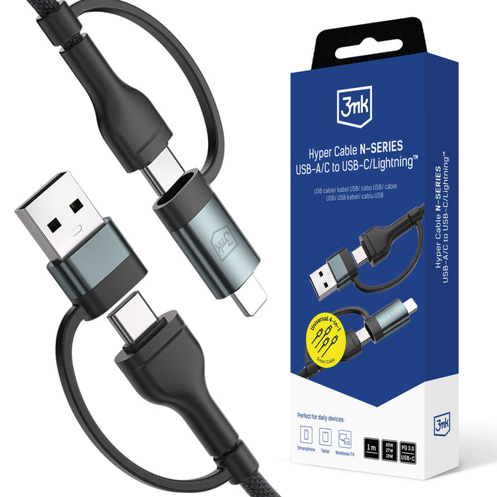 3mk Hyper Cable N-SERIES 2 в 2 USB-A / USB-C и USB-C / Lightning 1.2m QC 3.0 9V/2A 60W - черен