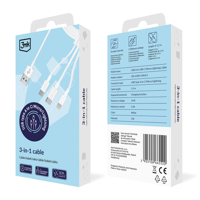 3mk Кабел 3в1 USB-A - micro USB / Lightning / USB-C 1.2м 20V/2.4A 15W - бял