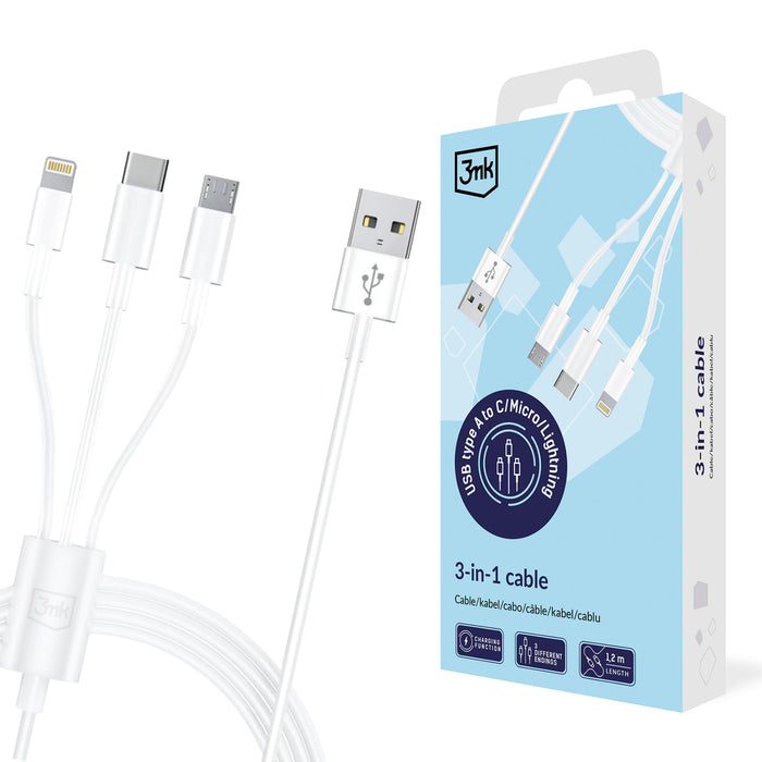 3mk Кабел 3в1 USB-A - micro USB / Lightning / USB-C 1.2м 20V/2.4A 15W - бял