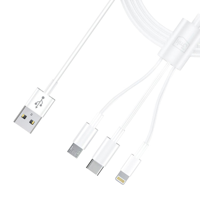 3mk Кабел 3в1 USB-A - micro USB / Lightning / USB-C 1.2м 20V/2.4A 15W - бял