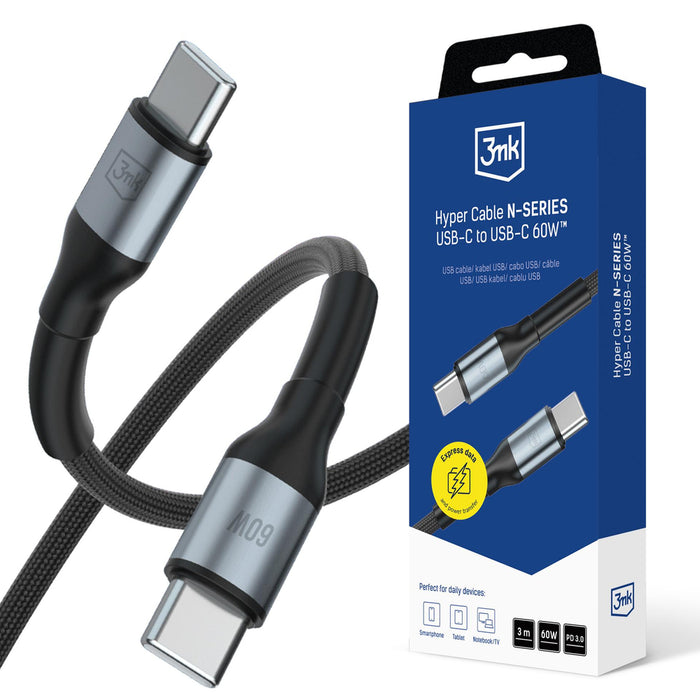 3mk Hyper Cable N-SERIES USB-C / USB-C 3m PD 3.0 QC 3.0 20V/3A 60W - черен