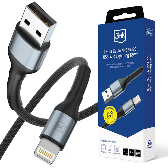 3mk Hyper Cable N-SERIES USB-A / Lightning 2m QC 3.0 5V/2.4A 12W - черен