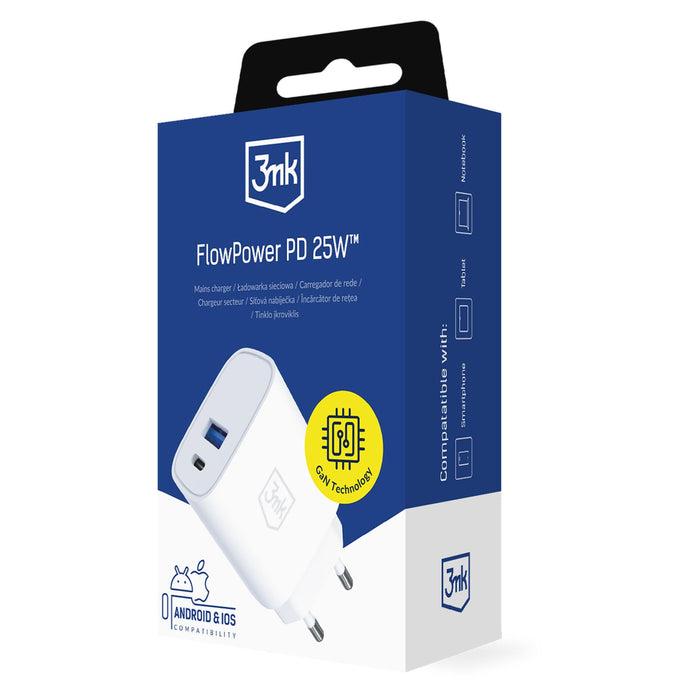 3mk FlowPower 25W 1A1C PD QC4+ зарядно за стена - бяло