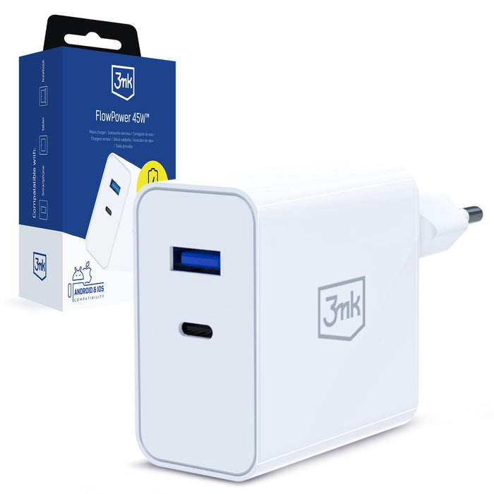 3mk FlowPower 45W 1A1C PD3.0 QC4+ зарядно за стена - бяло