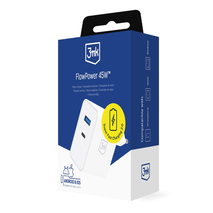 3mk FlowPower 45W 1A1C PD3.0 QC4+ зарядно за стена - бяло