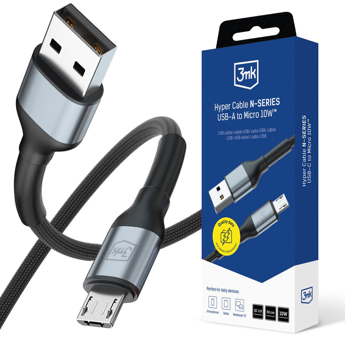3mk Hyper Cable N-SERIES USB-A / MicroUSB 50cm QC 3.0 5V/2A 10W - черен
