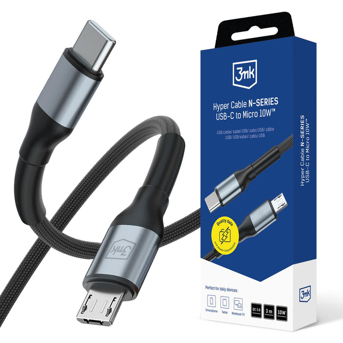 3mk Hyper Cable N-SERIES USB-C / MicroUSB 3m QC 3.0 5V/2A 10W - черен
