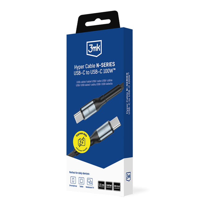 3mk Hyper Cable N-SERIES USB-C / USB-C 1.5m PD 3.0 QC 3.0 20V / 5A 100W - черен