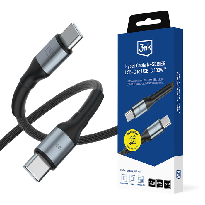 3mk Hyper Cable N-SERIES USB-C / USB-C 1.5m PD 3.0 QC 3.0 20V / 5A 100W - черен