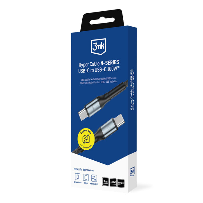 3mk Hyper Cable N-SERIES USB-C / USB-C 3m PD 3.0 QC 3.0 20V / 5A 100W - черен