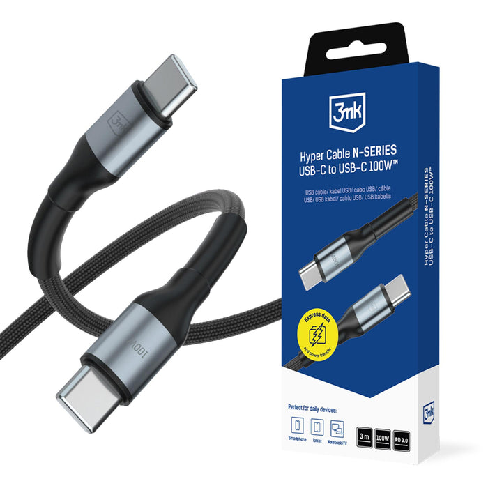 3mk Hyper Cable N-SERIES USB-C / USB-C 3m PD 3.0 QC 3.0 20V / 5A 100W - черен