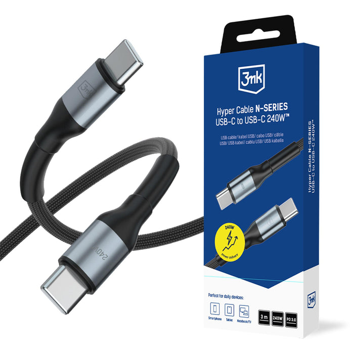 3mk Hyper Cable N-SERIES USB-C / USB-C 3m PD 3.0 QC 3.0 48V / 5A 240W - черен
