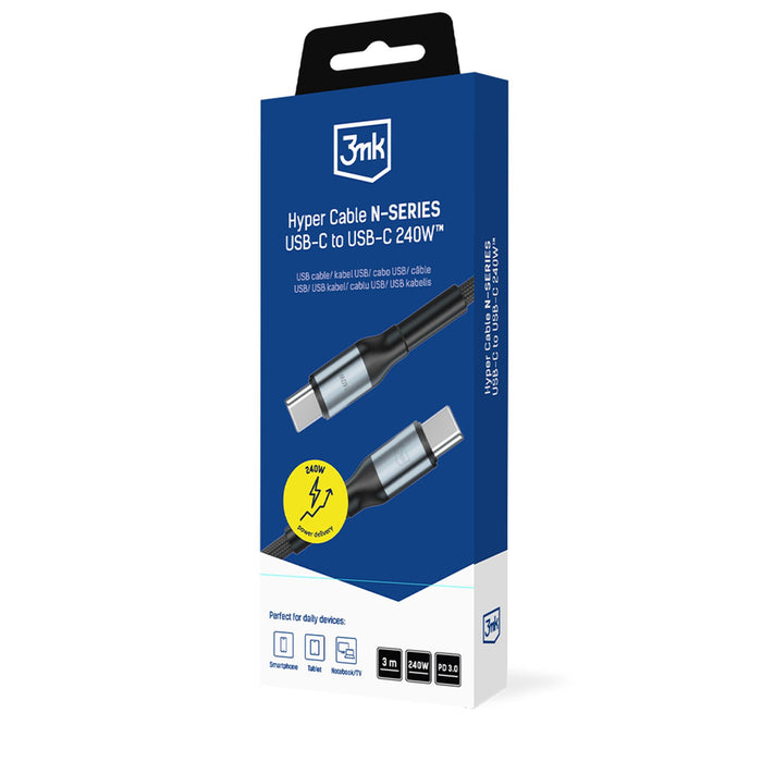 3mk Hyper Cable N-SERIES USB-C / USB-C 3m PD 3.0 QC 3.0 48V / 5A 240W - черен