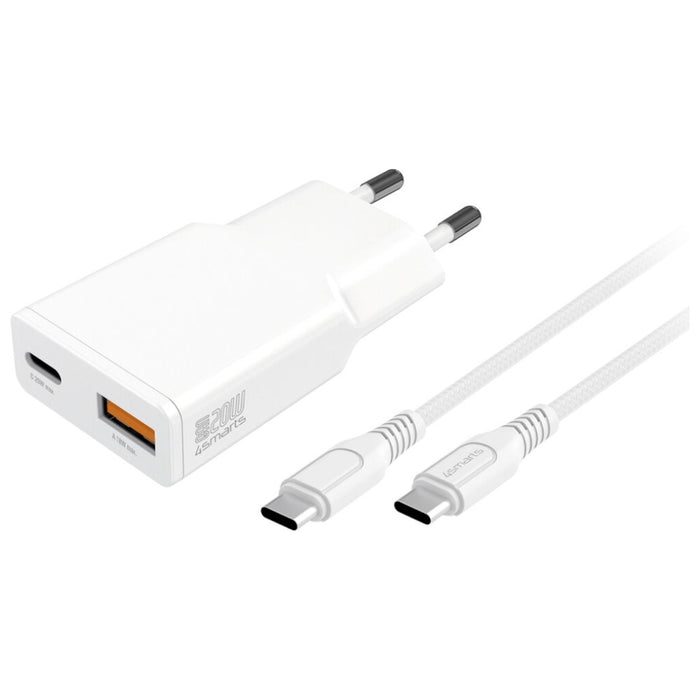Зарядно 4smarts PDPlug Slim Duos 20W GaN + кабел 1.5м, бял