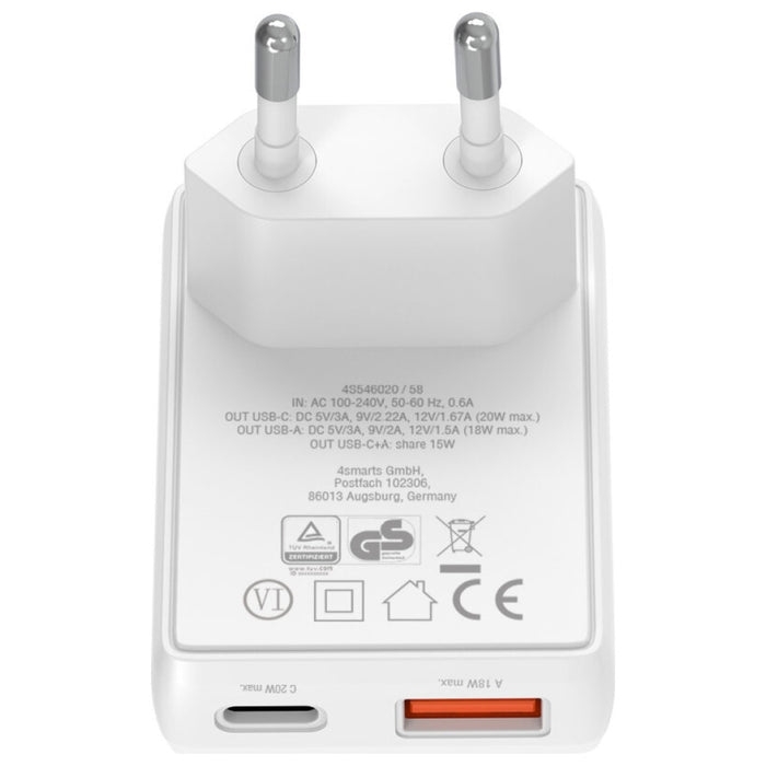 Зарядно 4smarts FlatPlug Duos 20W GaN + USB-C, бяло