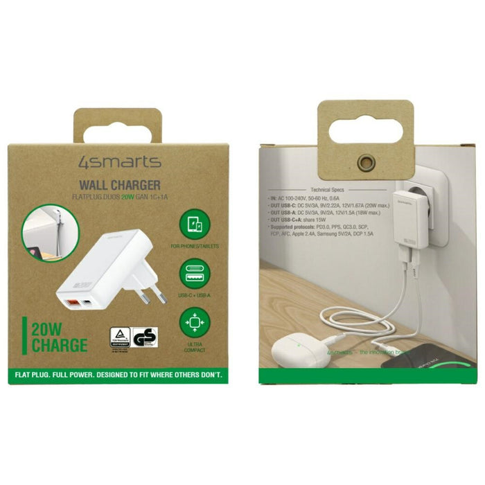 Зарядно 4smarts FlatPlug Duos 20W GaN + USB-C, бяло