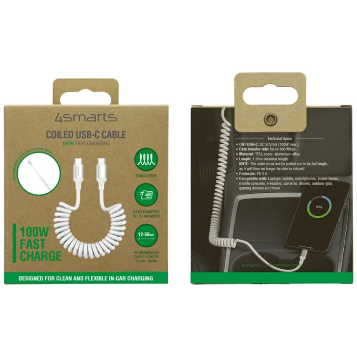 Спирален кабел 4smarts 4smarts USB-C за USB-C 100W, бял