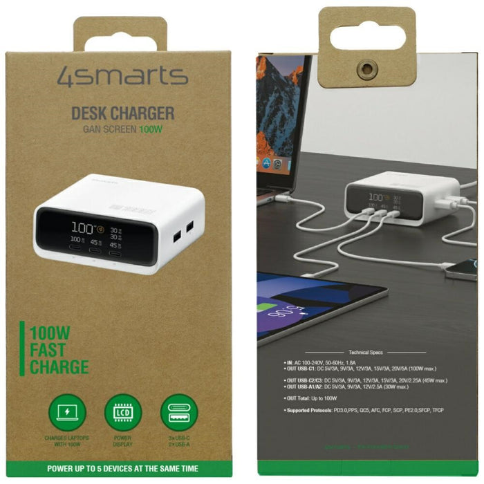 Зарядна станция 4smarts 4smarts Desk Charger GaN Screen 100W 3xUSB-C+2xUSB-A, бяла