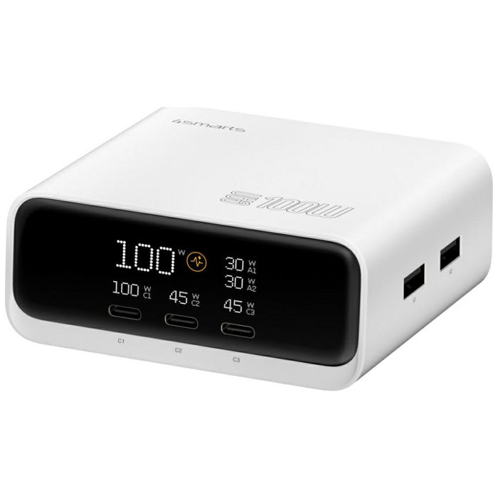 Зарядна станция 4smarts 4smarts Desk Charger GaN Screen 100W 3xUSB-C+2xUSB-A, бяла