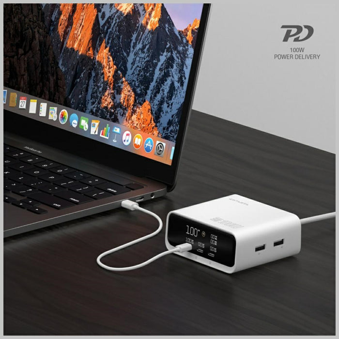 Зарядна станция 4smarts 4smarts Desk Charger GaN Screen 100W 3xUSB-C+2xUSB-A, бяла