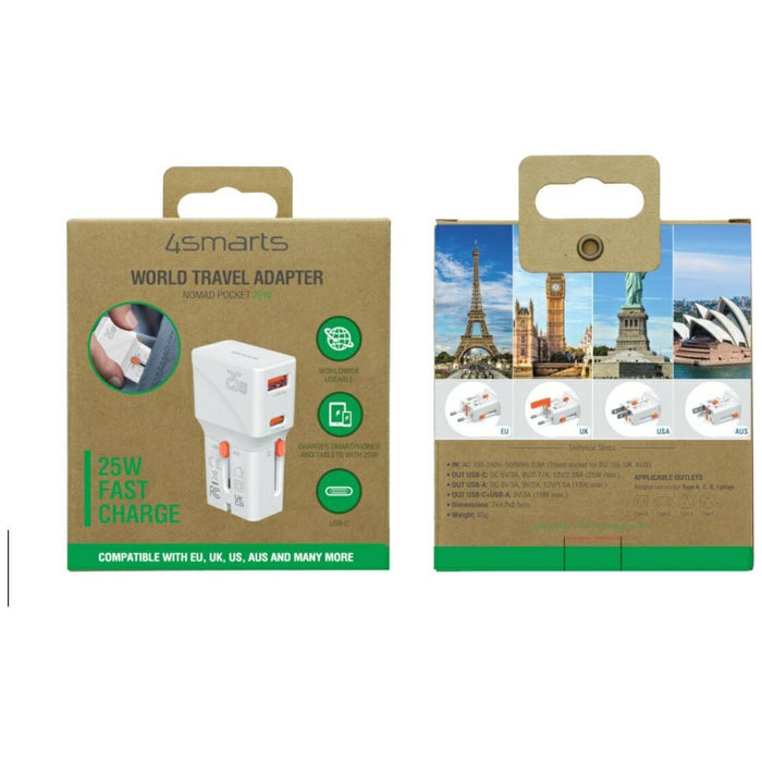 Пътна зарядна 4smarts World Travel Adapter Nomad Pocket 25W, бяла