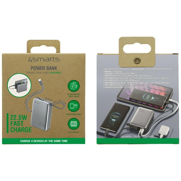 Powerbank 4smarts Pocket Dual Cord 22.5W с вграден кабел, сив