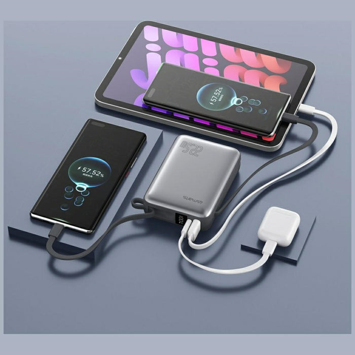 Powerbank 4smarts Pocket Dual Cord 22.5W с вграден кабел, сив