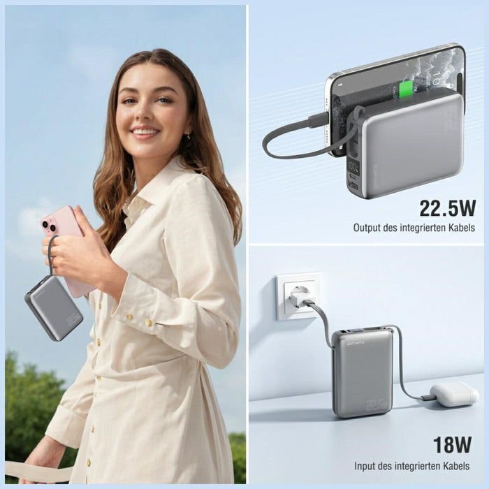 Powerbank 4smarts Pocket Dual Cord 22.5W с вграден кабел, сив